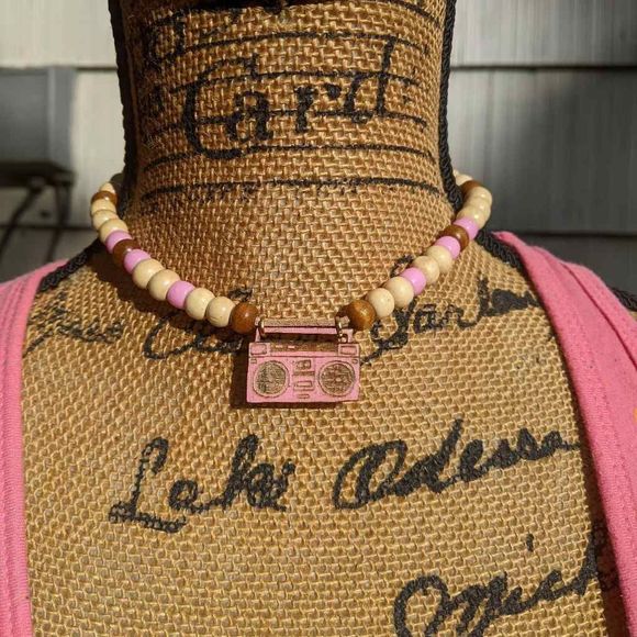 Vintage Boombox Wood & Craft Bead Choker w/ Cassette Player Pendant & Adjustable - Picture 2 of 6